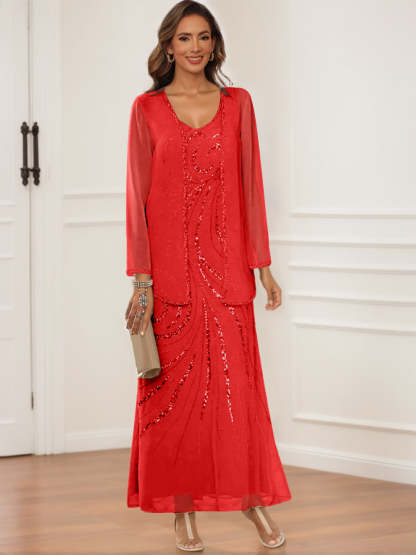 V-Neck Ankle-Length Sheath/Column Dress with Jacket & Sequins for Mothers of the Bride & Groom
