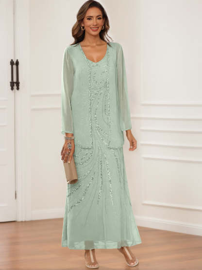 V-Neck Ankle-Length Sheath/Column Dress with Jacket & Sequins for Mothers of the Bride & Groom