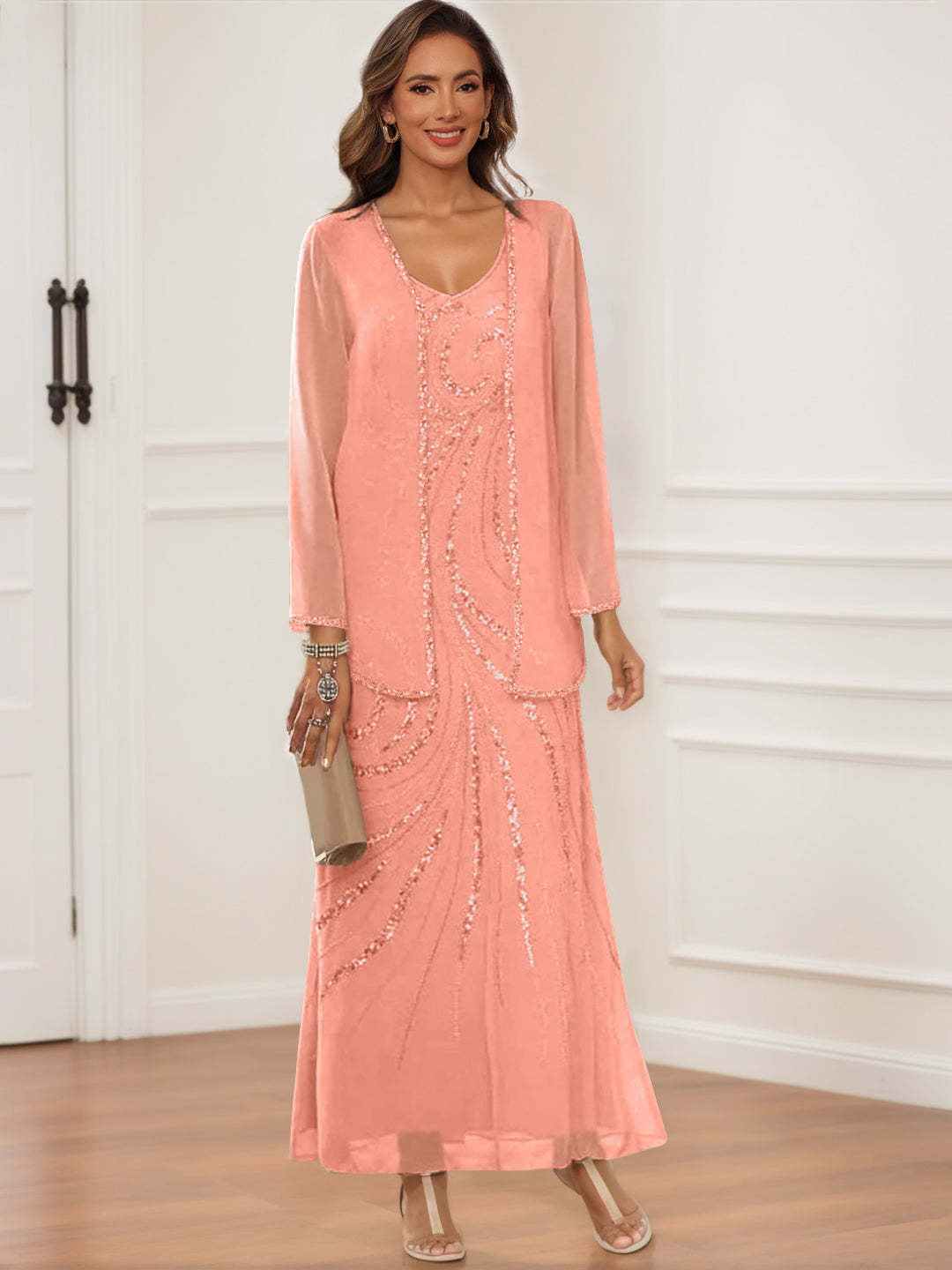 V-Neck Ankle-Length Sheath/Column Dress with Jacket & Sequins for Mothers of the Bride & Groom