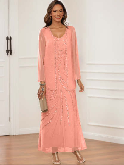 V-Neck Ankle-Length Sheath/Column Dress with Jacket & Sequins for Mothers of the Bride & Groom