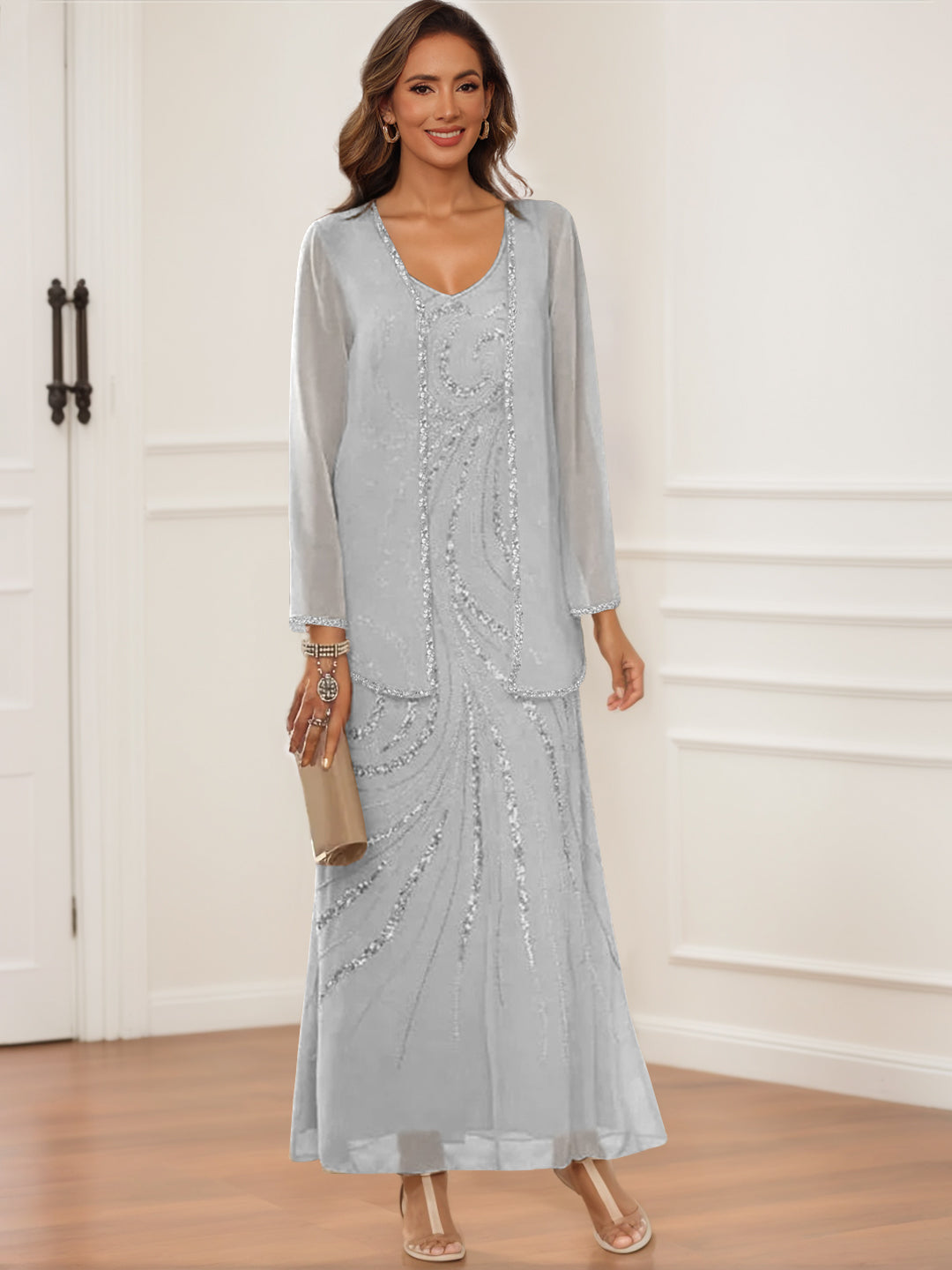V-Neck Ankle-Length Sheath/Column Dress with Jacket & Sequins for Mothers of the Bride & Groom