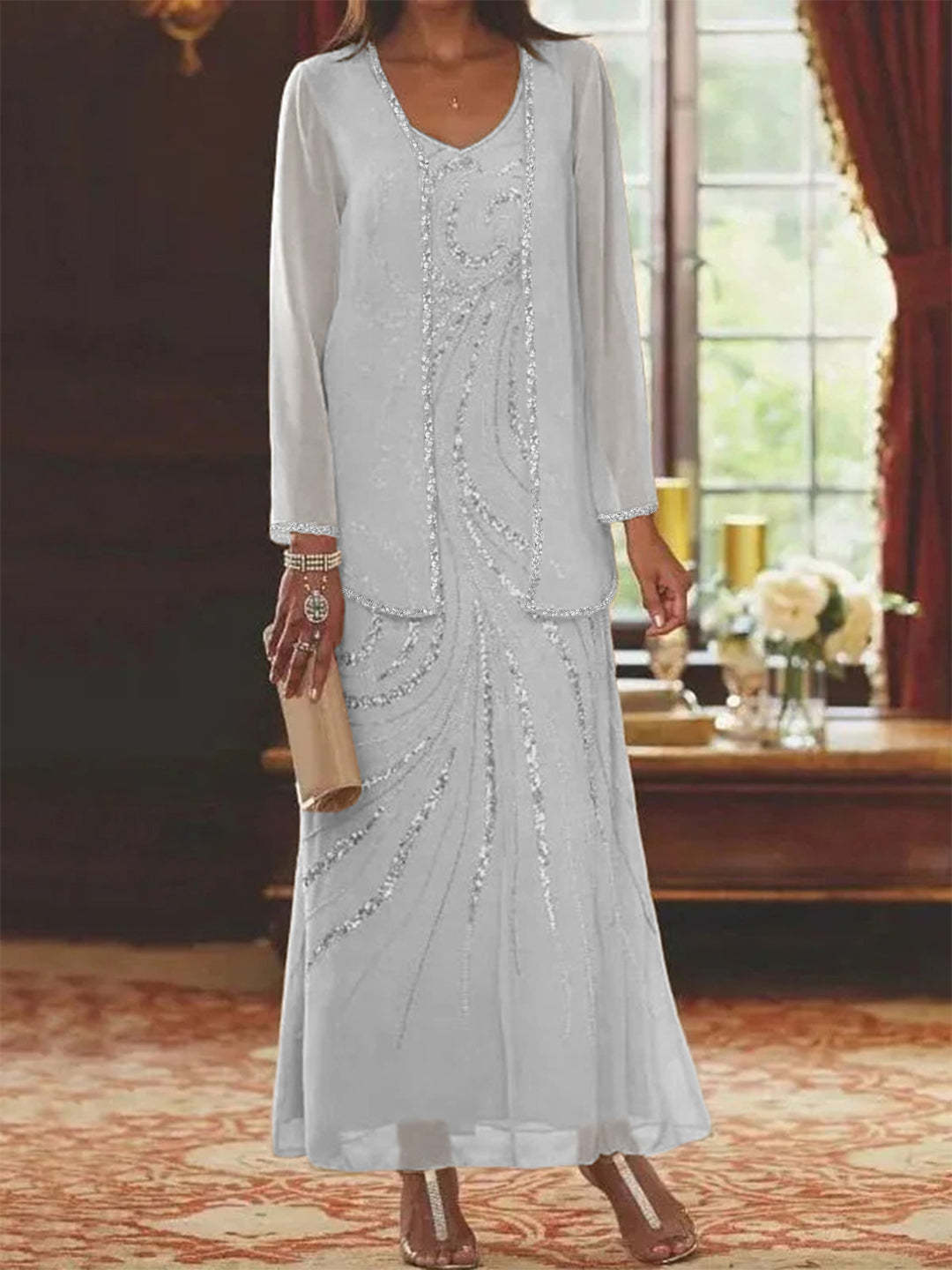 V-Neck Ankle-Length Sheath/Column Mother of the Bride Dresses with Sequins & Jacket