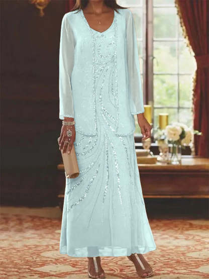V-Neck Ankle-Length Sheath/Column Mother of the Bride Dresses with Sequins & Jacket