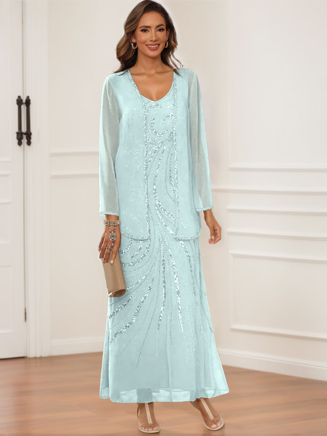 V-Neck Ankle-Length Sheath/Column Dress with Jacket & Sequins for Mothers of the Bride & Groom