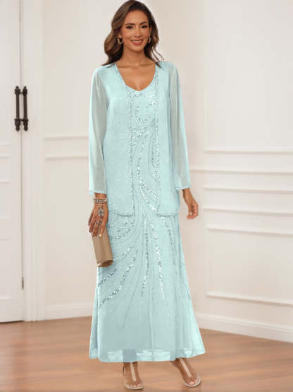 V-Neck Ankle-Length Sheath/Column Dress with Jacket & Sequins for Mothers of the Bride & Groom