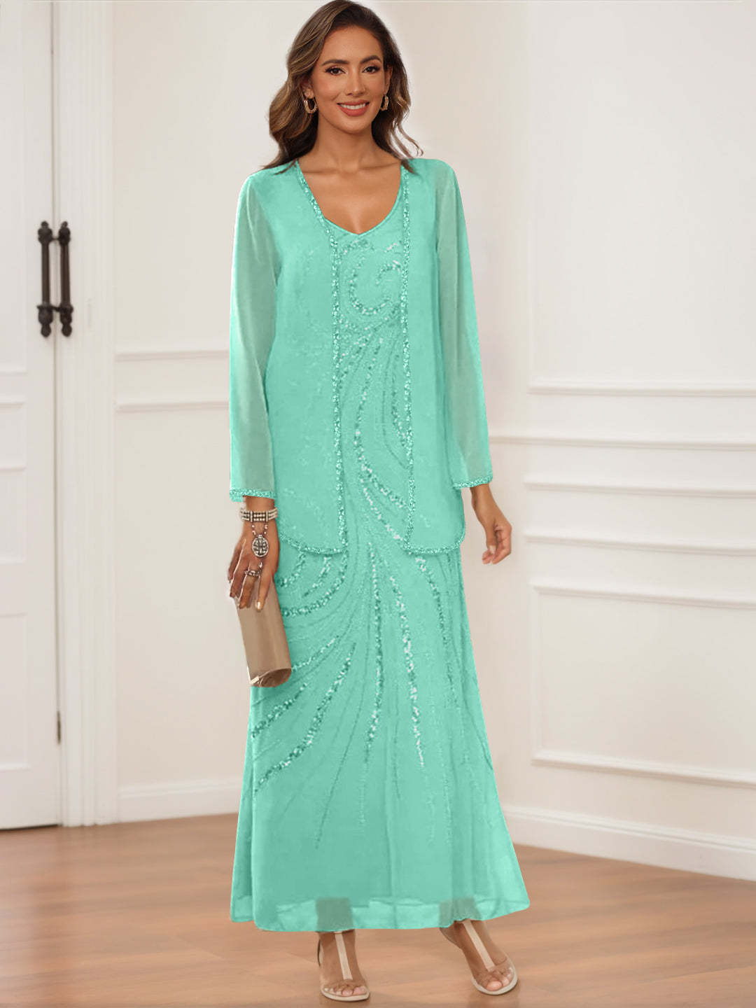 V-Neck Ankle-Length Sheath/Column Dress with Jacket & Sequins for Mothers of the Bride & Groom