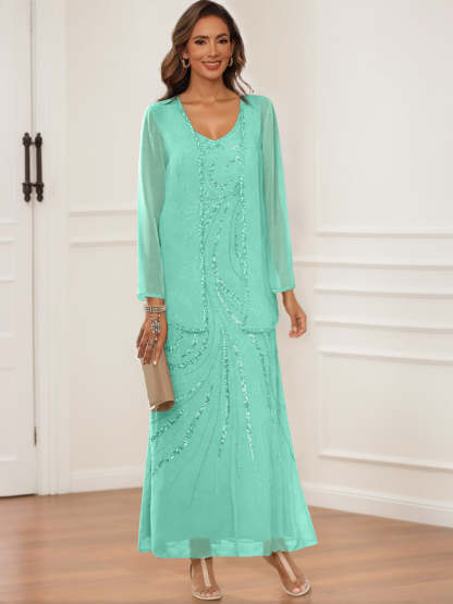 V-Neck Ankle-Length Sheath/Column Dress with Jacket & Sequins for Mothers of the Bride & Groom