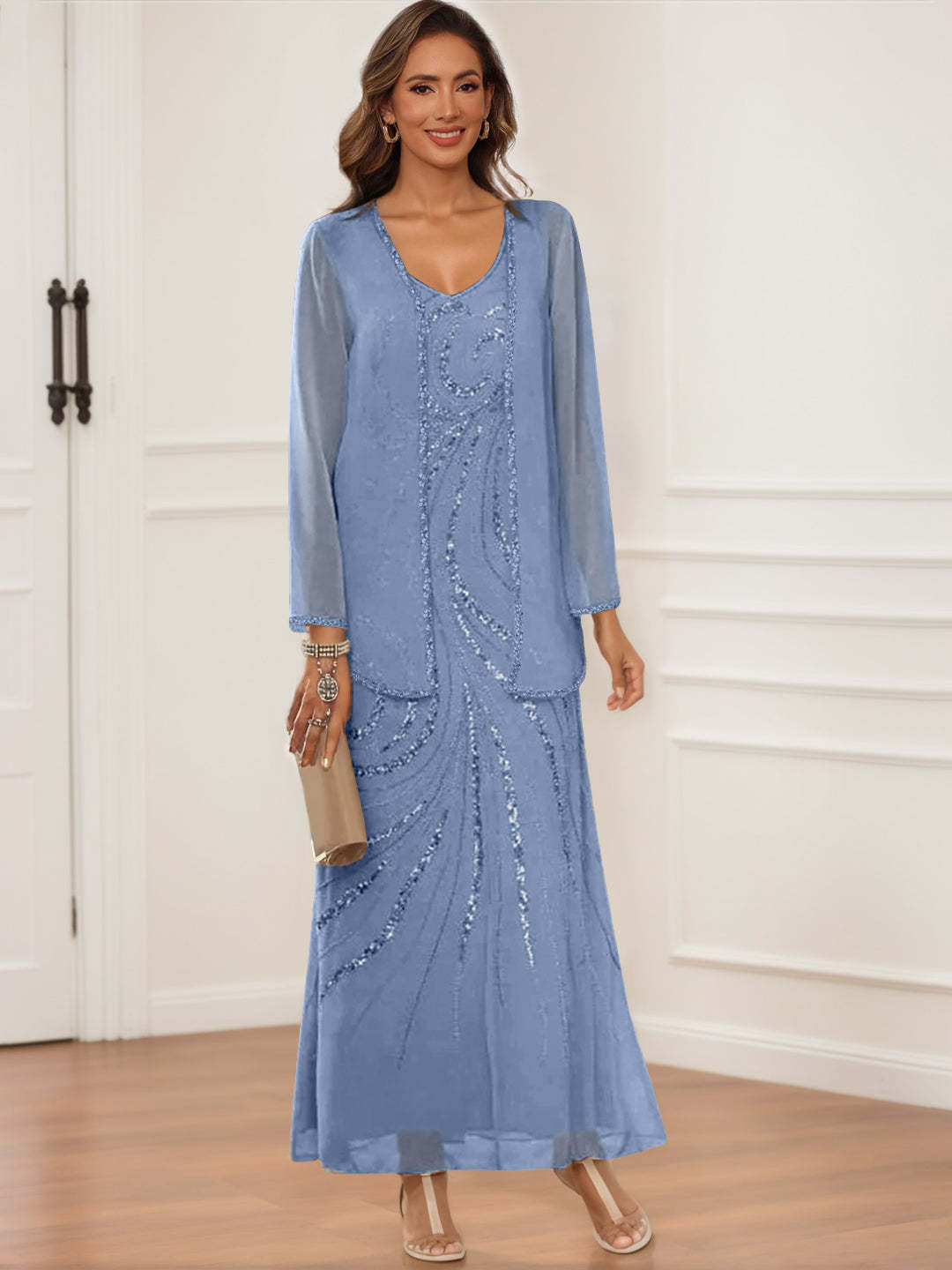 V-Neck Ankle-Length Sheath/Column Dress with Jacket & Sequins for Mothers of the Bride & Groom