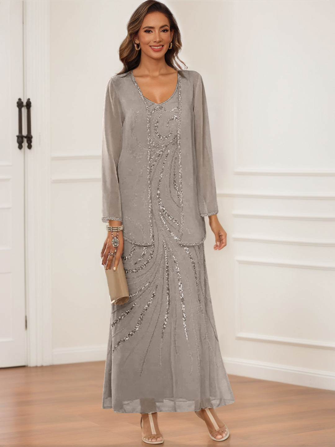 V-Neck Ankle-Length Sheath/Column Dress with Jacket & Sequins for Mothers of the Bride & Groom