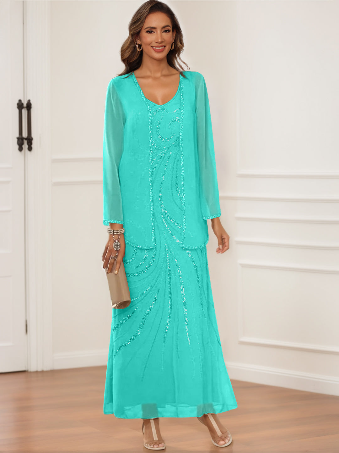 V-Neck Ankle-Length Sheath/Column Dress with Jacket & Sequins for Mothers of the Bride & Groom