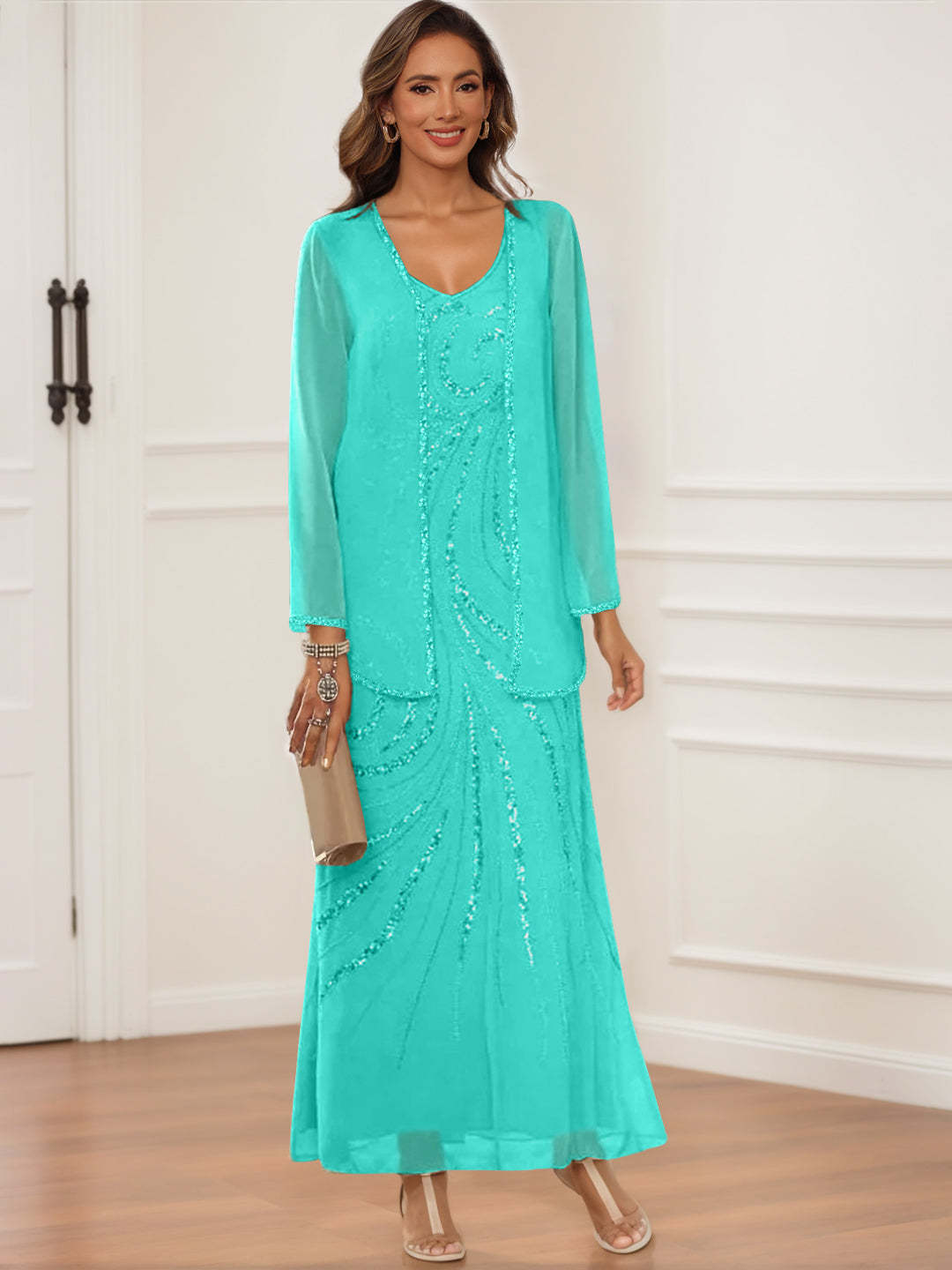 V-Neck Ankle-Length Sheath/Column Dress with Jacket & Sequins for Mothers of the Bride & Groom