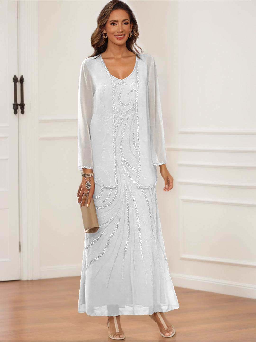 V-Neck Ankle-Length Sheath/Column Dress with Jacket & Sequins for Mothers of the Bride & Groom