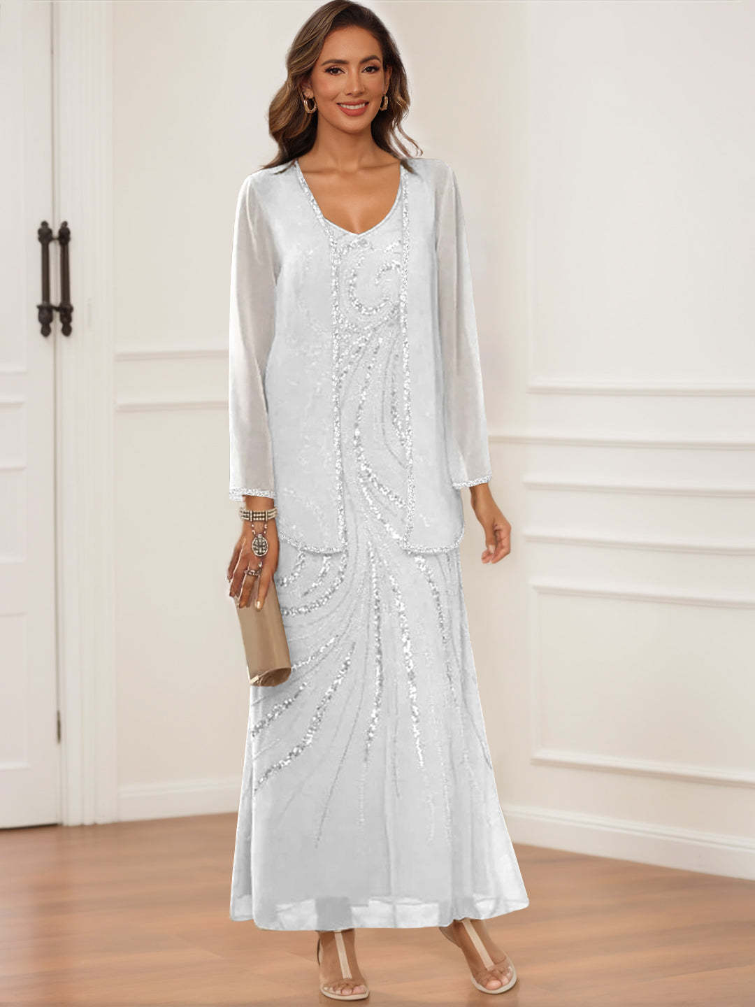 V-Neck Ankle-Length Sheath/Column Dress with Jacket & Sequins for Mothers of the Bride & Groom