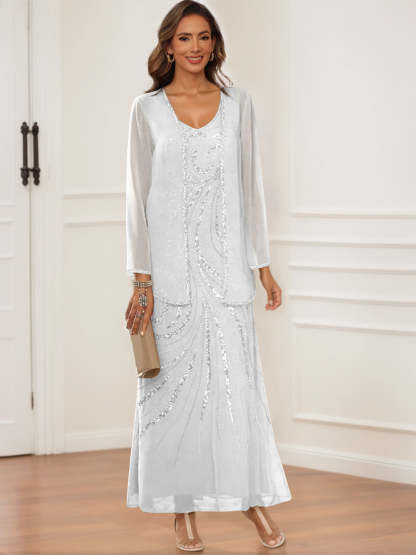 V-Neck Ankle-Length Sheath/Column Dress with Jacket & Sequins for Mothers of the Bride & Groom