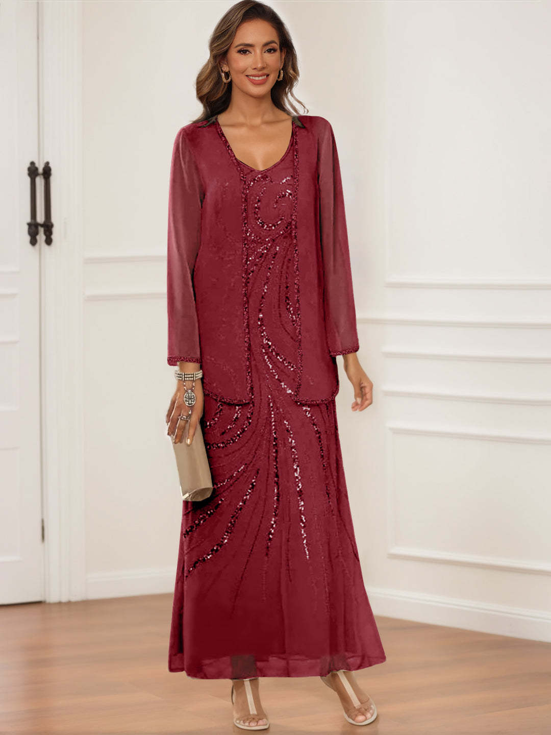 V-Neck Ankle-Length Sheath/Column Dress with Jacket & Sequins for Mothers of the Bride & Groom