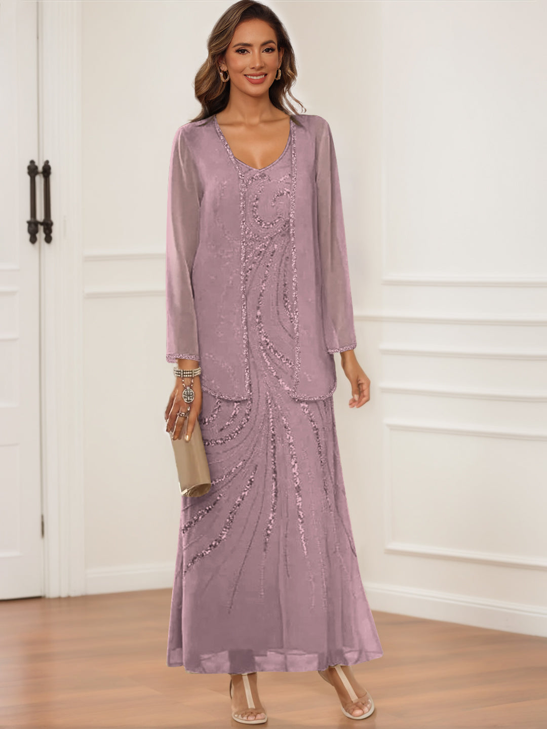V-Neck Ankle-Length Sheath/Column Dress with Jacket & Sequins for Mothers of the Bride & Groom