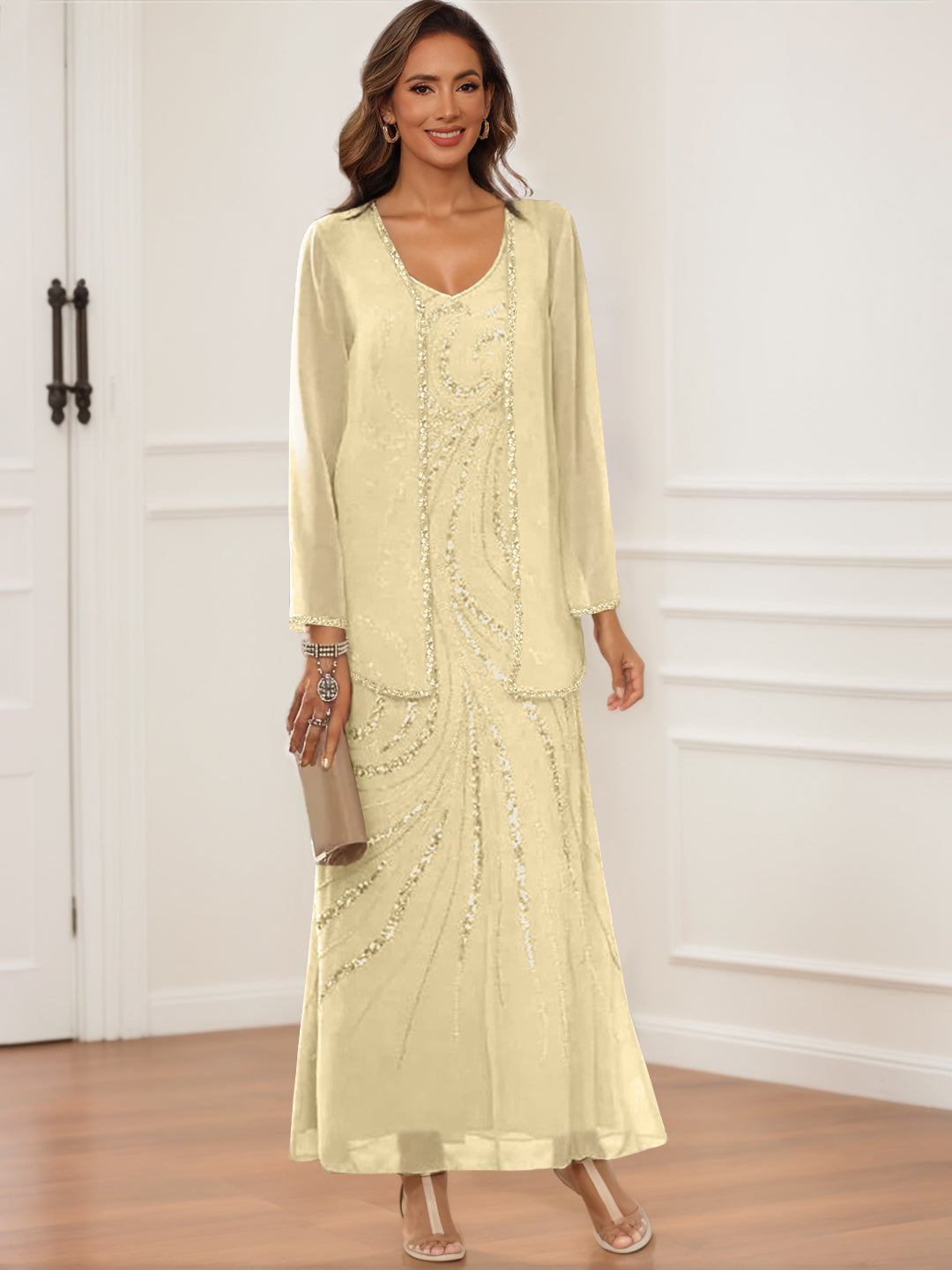 V-Neck Ankle-Length Sheath/Column Dress with Jacket & Sequins for Mothers of the Bride & Groom