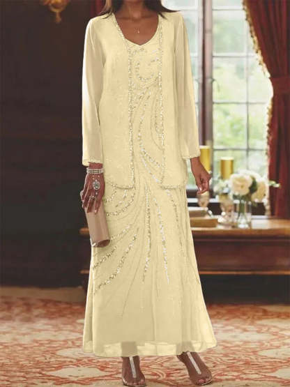 V-Neck Ankle-Length Sheath/Column Mother of the Bride Dresses with Sequins & Jacket