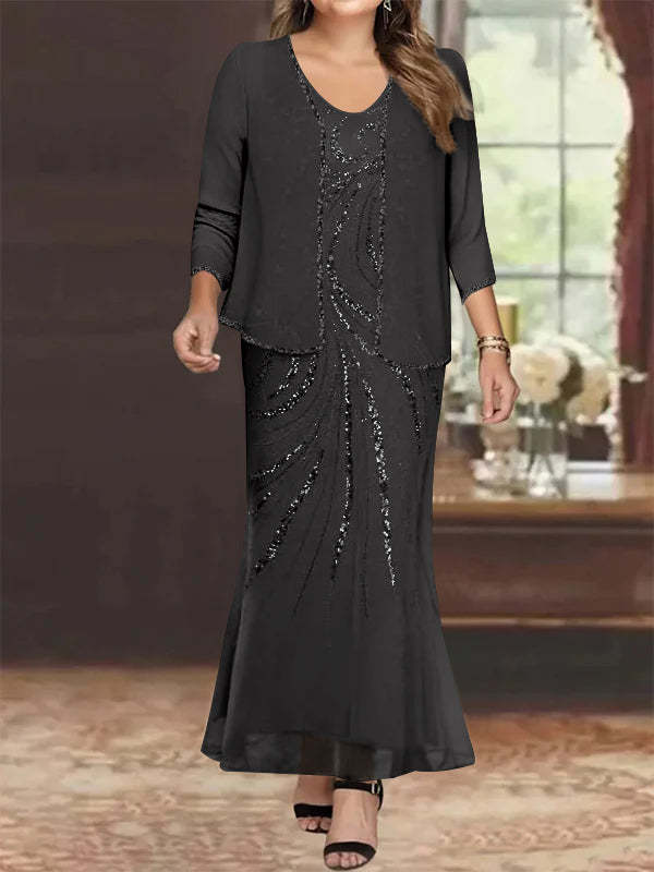 V-Neck Ankle-Length Plus Size Mother of the Bride Sheath Dress with Jacket and Sequins