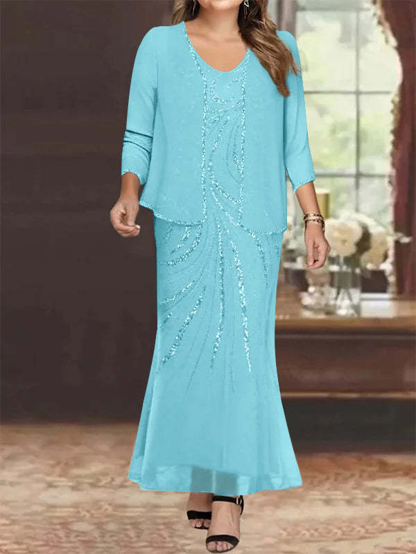 V-Neck Ankle-Length Plus Size Mother of the Bride Sheath Dress with Jacket and Sequins