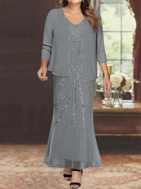 V-Neck Ankle-Length Plus Size Mother of the Bride Sheath Dress with Jacket and Sequins