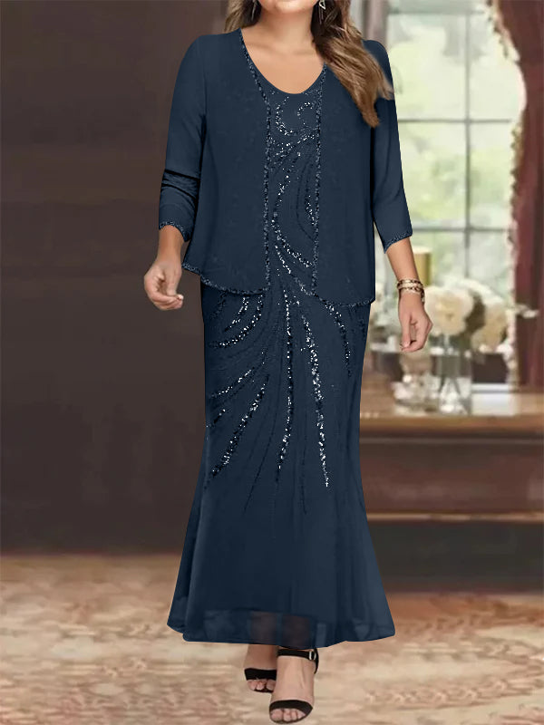 V-Neck Ankle-Length Plus Size Mother of the Bride Sheath Dress with Jacket and Sequins
