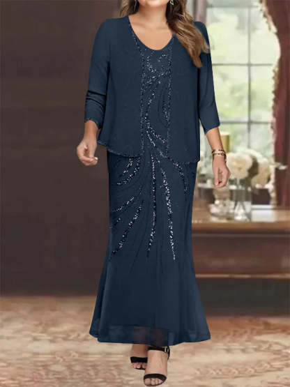V-Neck Ankle-Length Plus Size Mother of the Bride Sheath Dress with Jacket and Sequins