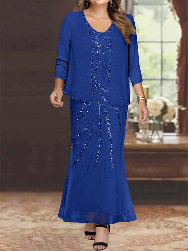 V-Neck Ankle-Length Plus Size Mother of the Bride Sheath Dress with Jacket and Sequins