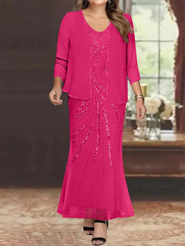 V-Neck Ankle-Length Plus Size Mother of the Bride Sheath Dress with Jacket and Sequins