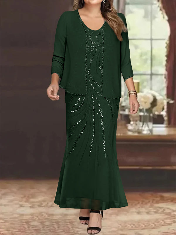 V-Neck Ankle-Length Plus Size Mother of the Bride Sheath Dress with Jacket and Sequins