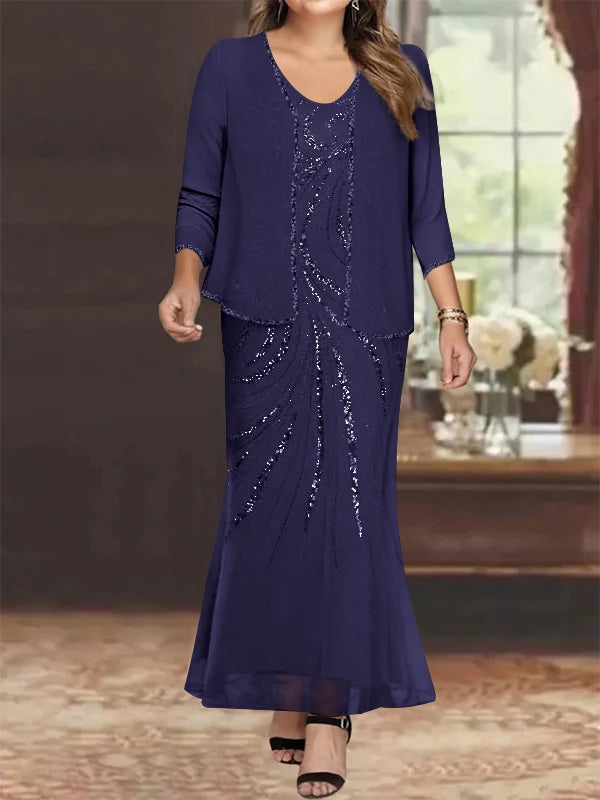 V-Neck Ankle-Length Plus Size Mother of the Bride Sheath Dress with Jacket and Sequins