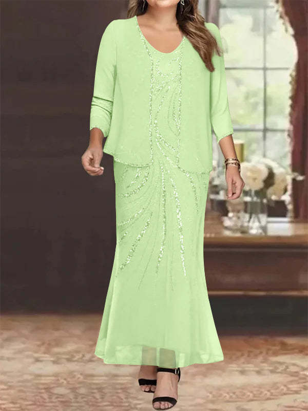 V-Neck Ankle-Length Plus Size Mother of the Bride Sheath Dress with Jacket and Sequins