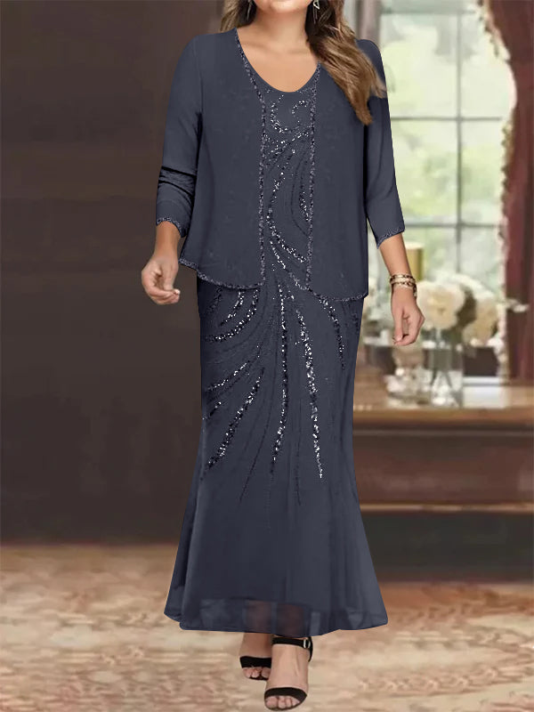 V-Neck Ankle-Length Plus Size Mother of the Bride Sheath Dress with Jacket and Sequins
