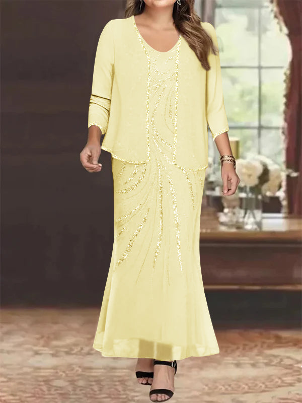 V-Neck Ankle-Length Plus Size Mother of the Bride Sheath Dress with Jacket and Sequins