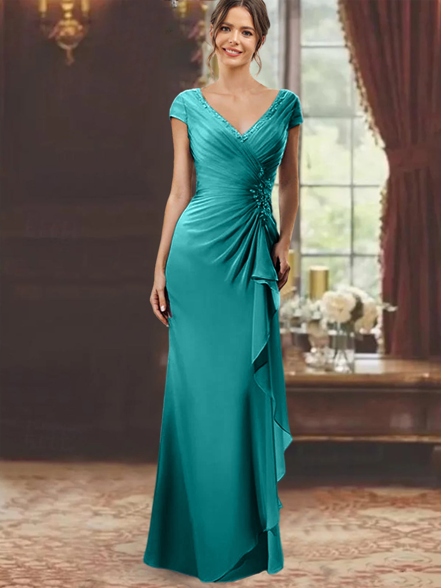 V-Neck Short-Sleeve Floor-Length Sheath Dress for the Mother of the Bride with Ruffles and Appliques