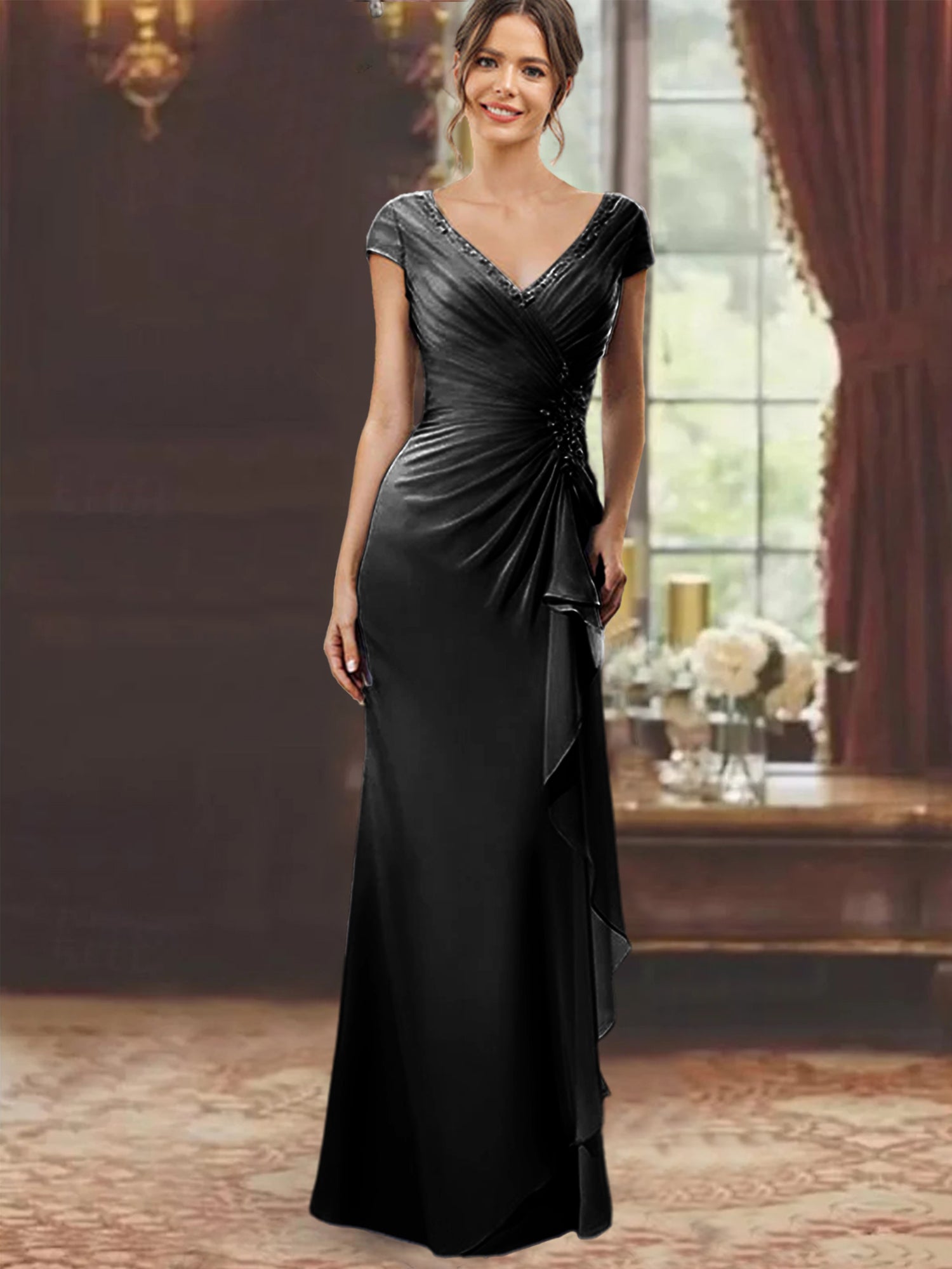 V-Neck Short-Sleeve Floor-Length Sheath Dress for the Mother of the Bride with Ruffles and Appliques