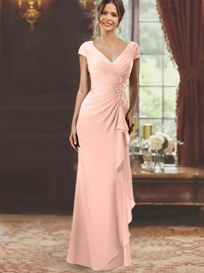 V-Neck Short-Sleeve Floor-Length Sheath Dress for the Mother of the Bride with Ruffles and Appliques