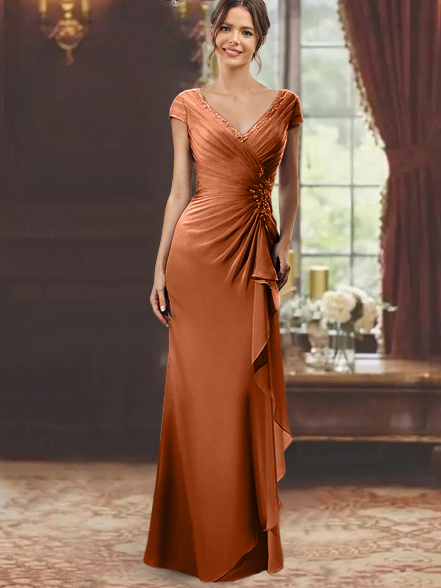 V-Neck Short-Sleeve Floor-Length Sheath Dress for the Mother of the Bride with Ruffles and Appliques