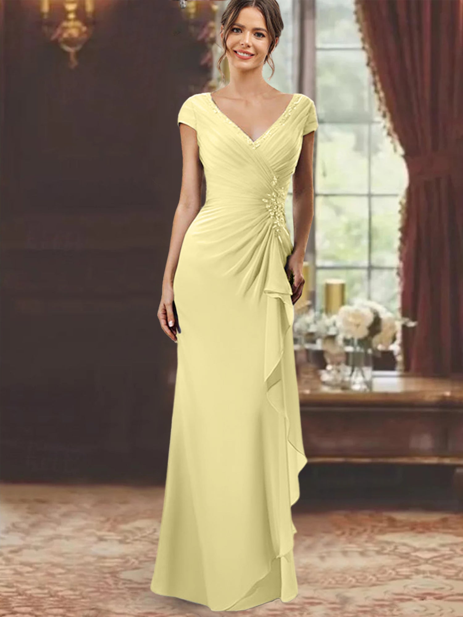 V-Neck Short-Sleeve Floor-Length Sheath Dress for the Mother of the Bride with Ruffles and Appliques