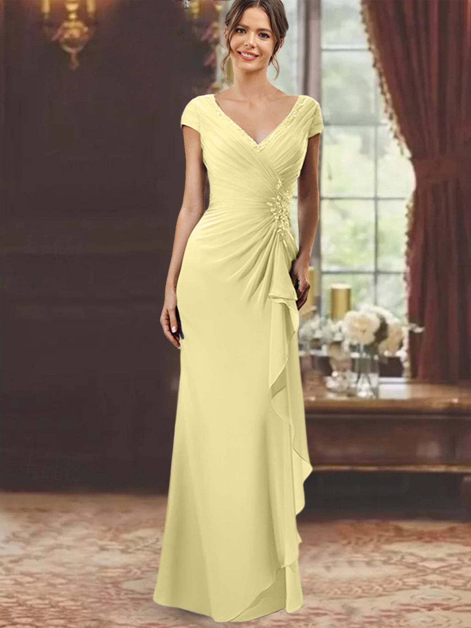 V-Neck Short-Sleeve Floor-Length Sheath Dress for the Mother of the Bride with Ruffles and Appliques