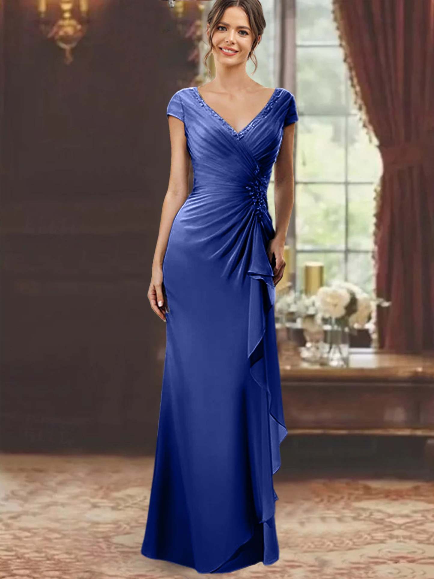 V-Neck Short-Sleeve Floor-Length Sheath Dress for the Mother of the Bride with Ruffles and Appliques
