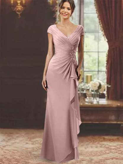 V-Neck Short-Sleeve Floor-Length Sheath Dress for the Mother of the Bride with Ruffles and Appliques
