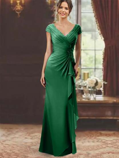 V-Neck Short-Sleeve Floor-Length Sheath Dress for the Mother of the Bride with Ruffles and Appliques