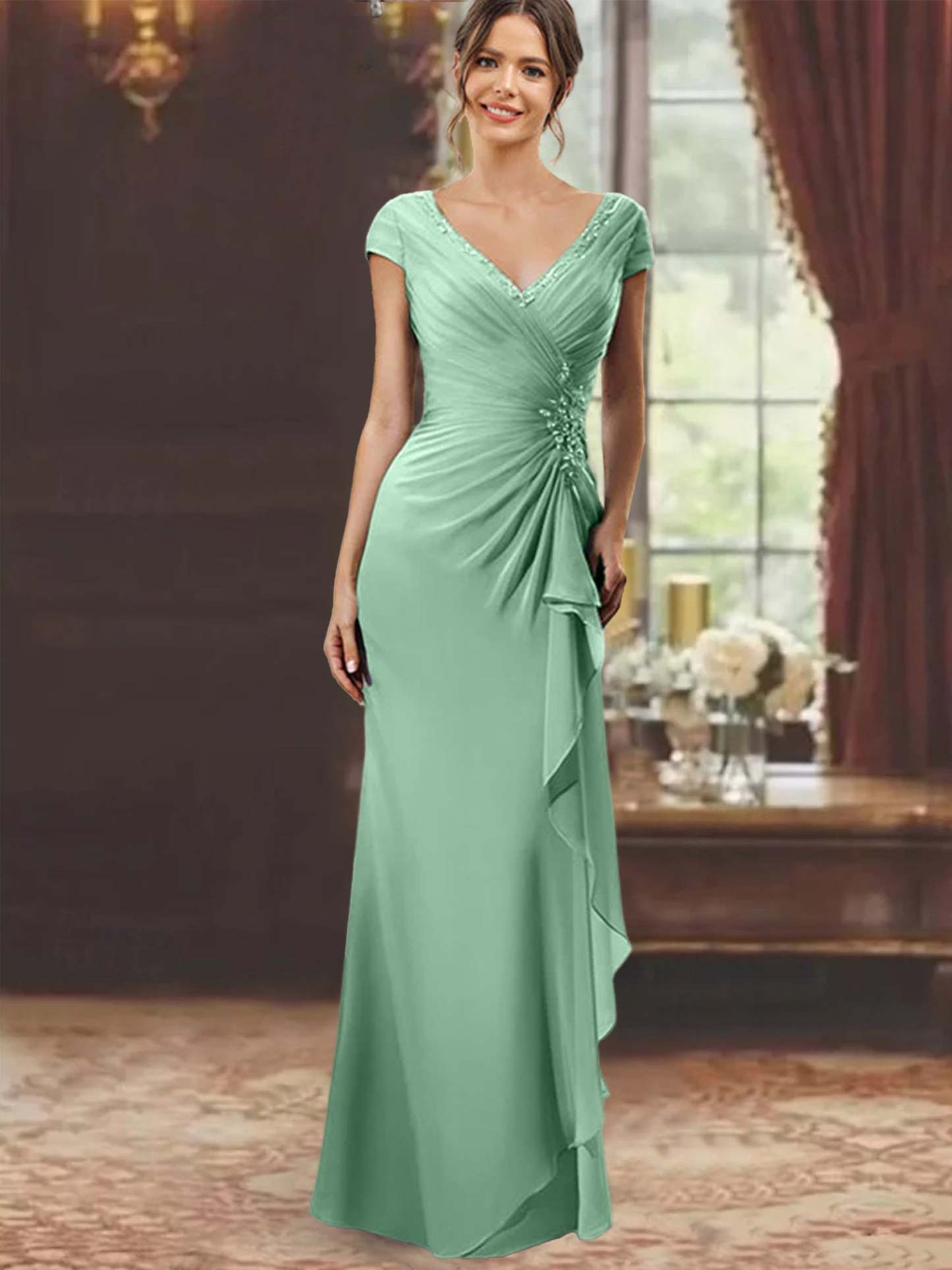 V-Neck Short-Sleeve Floor-Length Sheath Dress for the Mother of the Bride with Ruffles and Appliques