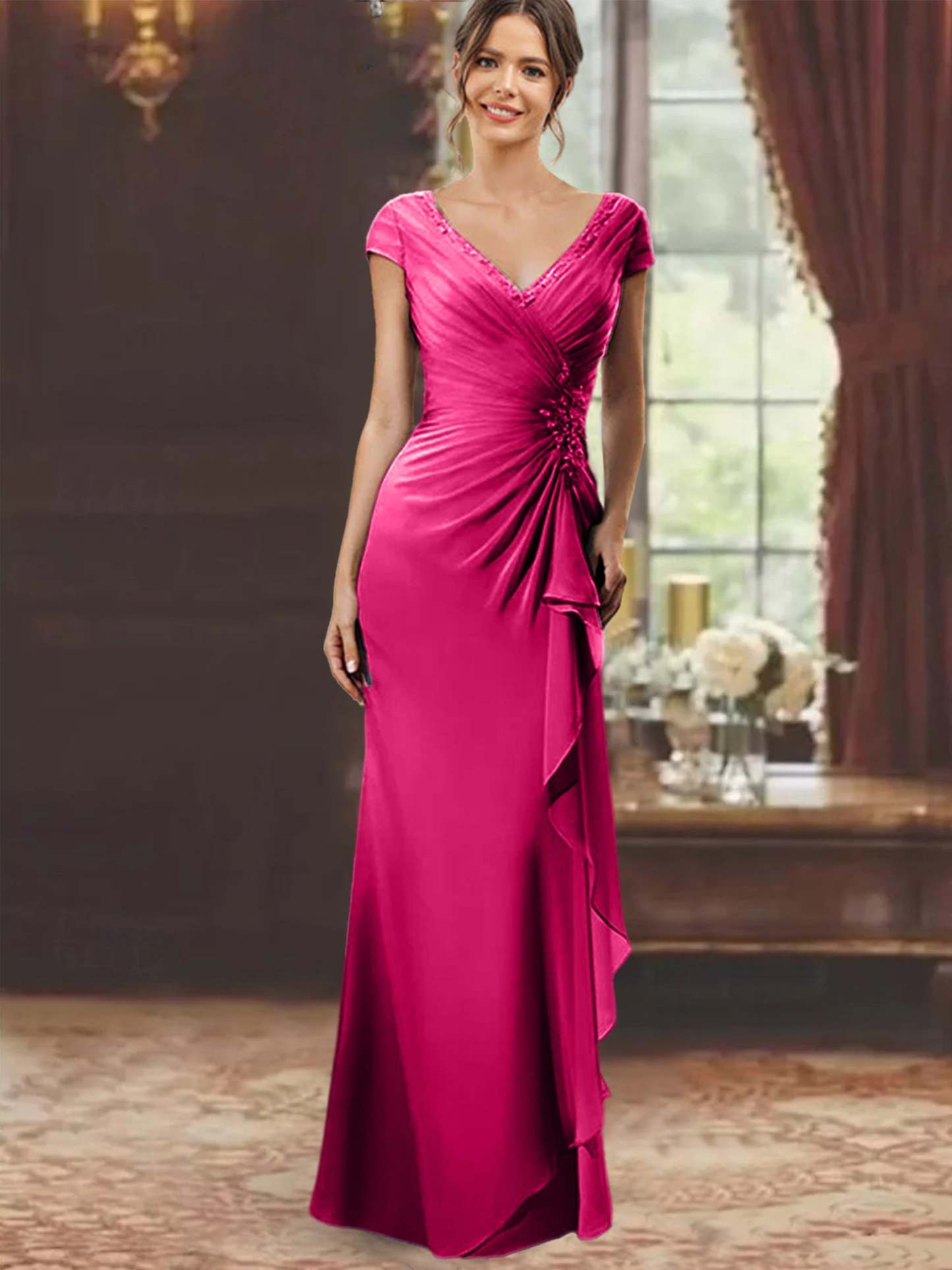 V-Neck Short-Sleeve Floor-Length Sheath Dress for the Mother of the Bride with Ruffles and Appliques