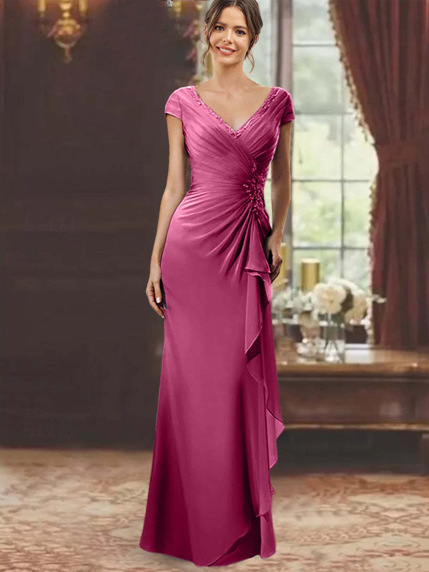 V-Neck Short-Sleeve Floor-Length Sheath Dress for the Mother of the Bride with Ruffles and Appliques
