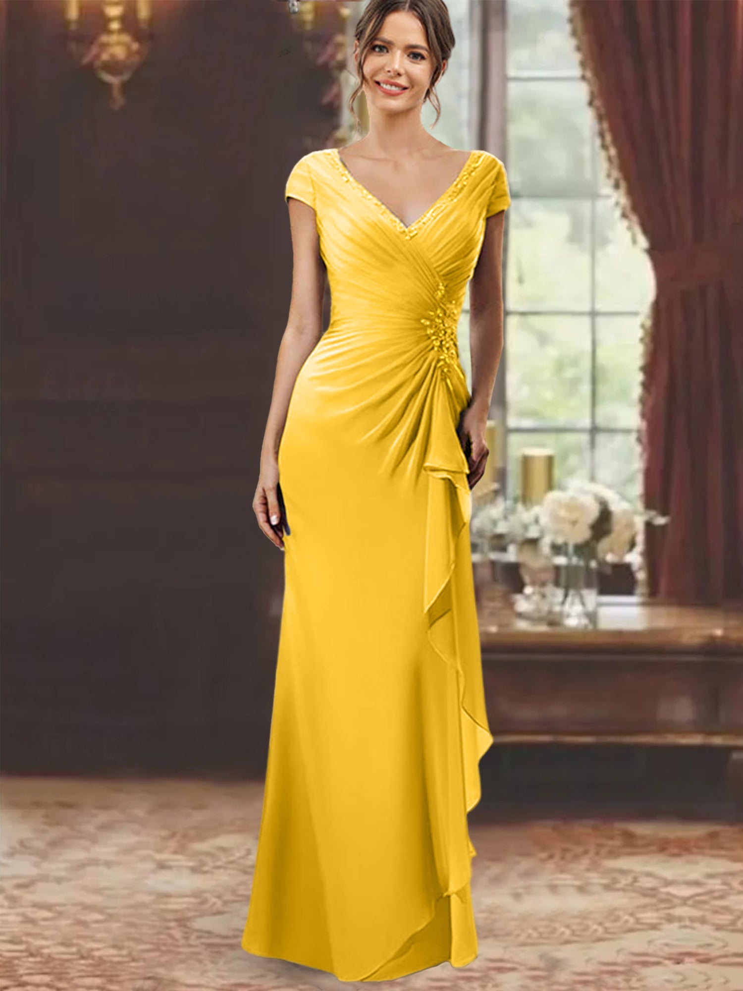 V-Neck Short-Sleeve Floor-Length Sheath Dress for the Mother of the Bride with Ruffles and Appliques
