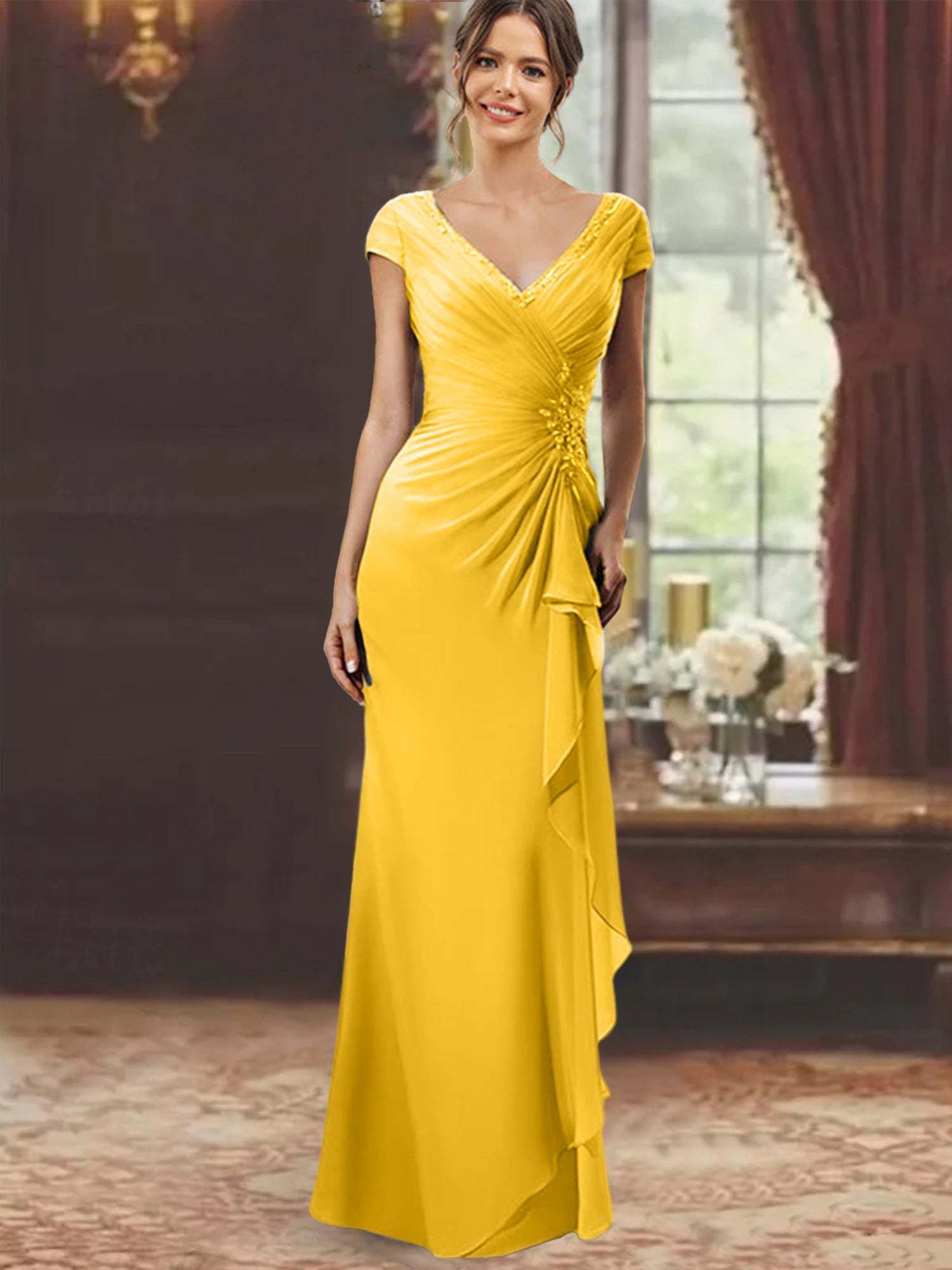 V-Neck Short-Sleeve Floor-Length Sheath Dress for the Mother of the Bride with Ruffles and Appliques