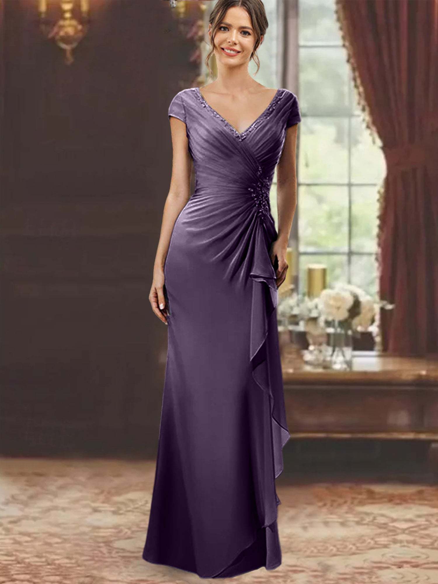 V-Neck Short-Sleeve Floor-Length Sheath Dress for the Mother of the Bride with Ruffles and Appliques