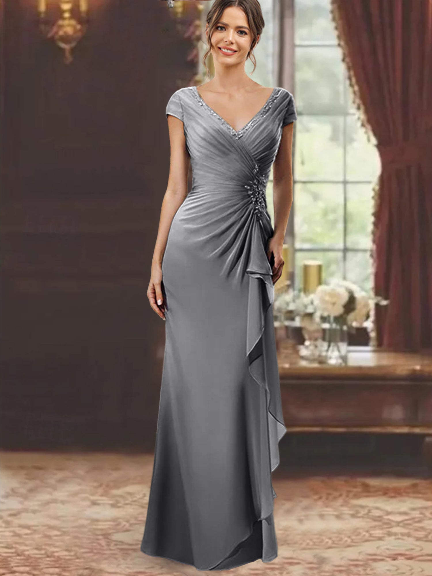 V-Neck Short-Sleeve Floor-Length Sheath Dress for the Mother of the Bride with Ruffles and Appliques